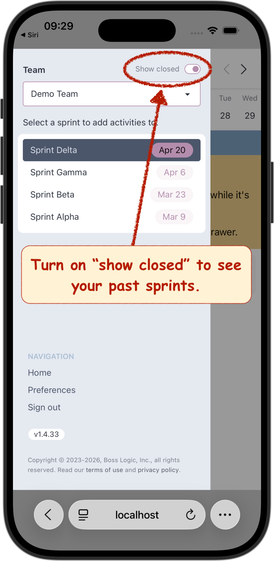 Toggle 'show closed' to see your previous sprints